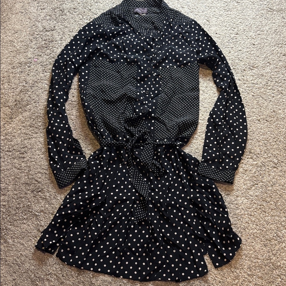 Polka dot Black /off white Silk Hale Bob belted mini dress Sz M